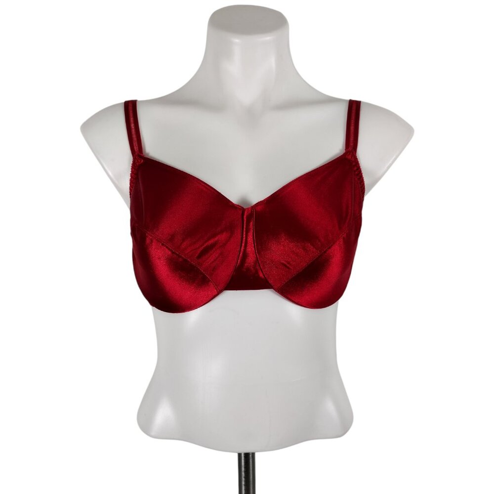 Vintage 1990s Silky Red Satin Nylon Full Coverage Unlined Underwire Bra 38D